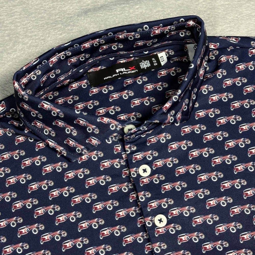 RLX XL Polo Shirt Mens Navy Blue Classic Fit Performance Vintage Car Print Golf